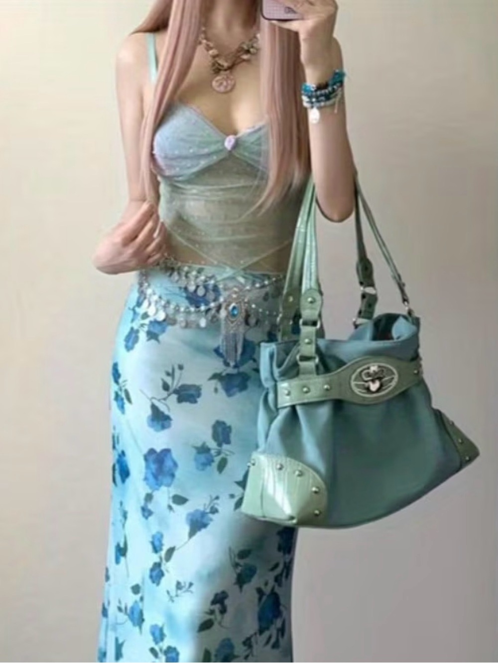 New -Unique -Y2K Boutique Style -Green Buckle Belt Shoulder Bag w/Studded Detail